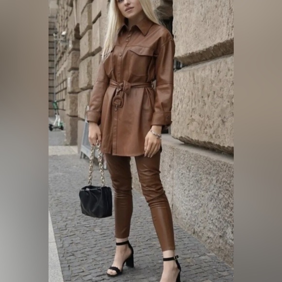 ZARA BELTED FAUX LEATHER SHIRT MINI DRESS - Picture 4 of 7